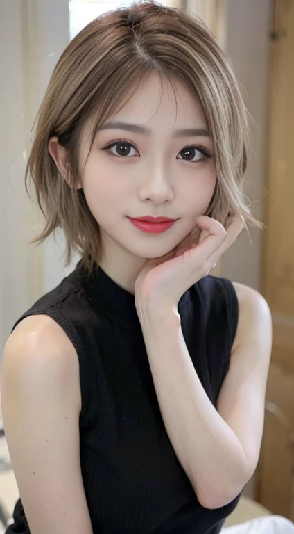 blush a little and smile, (Top quality masterpiece:1.2) Delicate illustrations, Very detailed, /Beautiful Japanese Woman、1 person,Very cute and slim、Great style 、((8k images、super high quality))、Very delicate face, Big Breasts、Skin and Hair、beautifule forehead、Red lipstick、(((((short hair、Blonde、lure))))),Very cute Japanese cut face、Eyes and nose are clearly visible、Kind eyes,((((Black sleeveless fashion))))