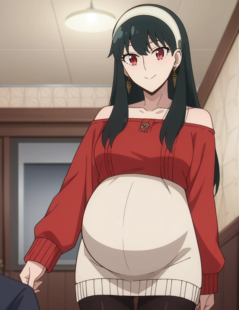 score_9, score_8_up, score_7_up, source_anime,
yorbriar, yor briar, black hair, red eyes, earrings, white hairband, hairband, long hair, sidelocks,
bare shoulders, collarbone, dress, long sleeves, off shoulder, off-shoulder dress, off-shoulder sweater, pantyhose, red sweater, sweater, sweater dress, thighs,
indoors, smile,
looking at viewer, dutch angle, cowboy shot, pregnant 