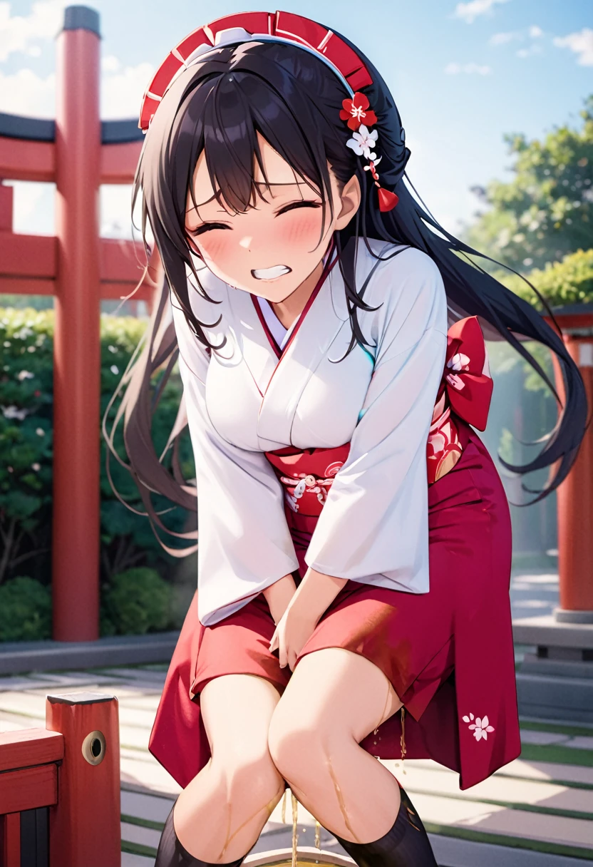 NSFW, (masterpiece, top quality, best quality, highly detailed:1.6), extremely detailed CG unity 8k wallpaper, (full body), wide shot, long shot, (close knees, hands between legs:3), (leaning forward, pee running down legs:2.5), (standing:3), (((clutching crotch))), (Japanese Shrine Maiden Costume, White yukata, Vermilion long hakama:2), (woman standing on the shrine, outdoor), strong facial expression, (sharp eye:1.2), (scowl:1.1), (embarrassed,blush:1.3), (steam:2), (Wet:1.1), (sweat:1.1), (trembling:1.3), (open mouth, wavy mouth:1.4), (clenched teeth:1.7), (closed eyes:1.5), (feeling weak:1.5), (bravery crying, sobbing:1.5), (shoot from front, looking at viewer:1.2), sandals, (very long hair, Jet black hair:1.7), (woman trembling with sexual climax:1.5), colorful, perfect composition, (Crossing legs, Touching the crotch:1.7), urination, incontinence, piss, peeing self, A lot of pee, pee running down legs, (((pee stream))), (pee puddle), Wetting herself, peeing, blush, trembling, embarrassed, large breasts, Yellow pee, ((leaking pee)), Shaking one's shoulders, Breaking a sweat on forehead, puddle of pee, Pee at your feet, Pee spread on the floor, (Pee stains), Feet Wet from pee, Pee-covered feet, Pee at your feet, want to pee, about to pee, Full bladder, Red hakama wet with pee, Pee-soaked white ankle socks, Pee-soaked sandals, natural makeup,