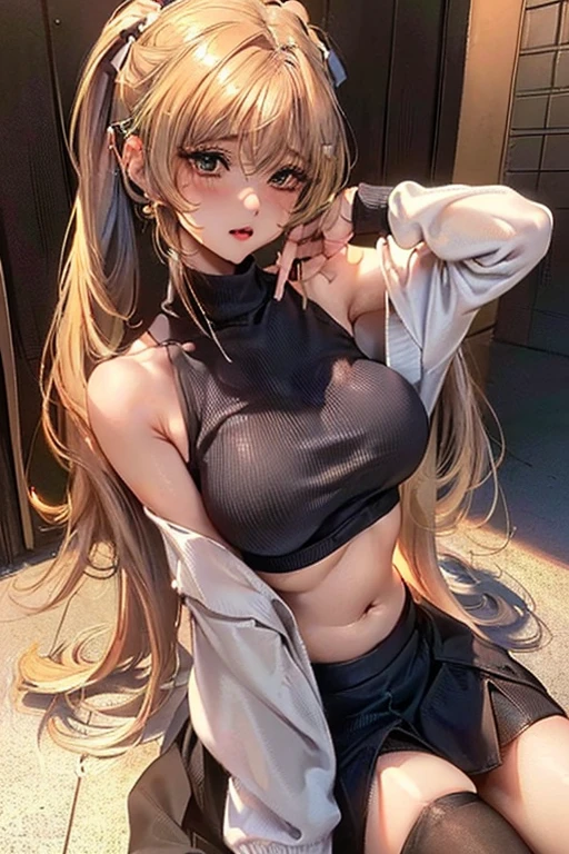 1 girl , blonde hair with two ponytails, ((big breasts(1:2))), ((tight sweatshirt) , (short waffle skirt) , big hips, (((breasts fall out))), ((no bra)), nipples stick out on chest, Pointy nipples, plump lips, no panties, skirt up, legs spread, ((girl sits on a big rubber dick)), dick inside the girl