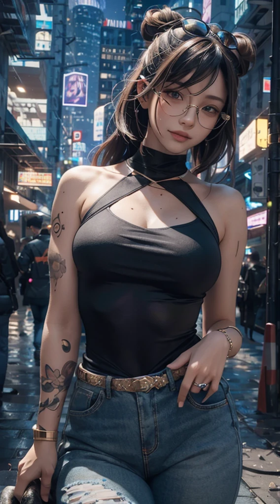 masterpiece, Maximum quality, ultra high resolution, 8k, A woman,beauty,21 years,White skin,High-tech glasses, extremely beautiful,strong look, alone,bust portrait,cyberpunk costume, extremely detailed face, detailed eyes, evil smile, happy, realistic photo, totally realistic, human skin, studio lighting,golden ratio body, Wide hips,perfect legs, big ass,pink hair, double buns,blunt bangs,orange and white clothes,D cup breasts,in the cyberpunk city,cyberpunk city background,((evening)),rain,pose lateral,tattoos