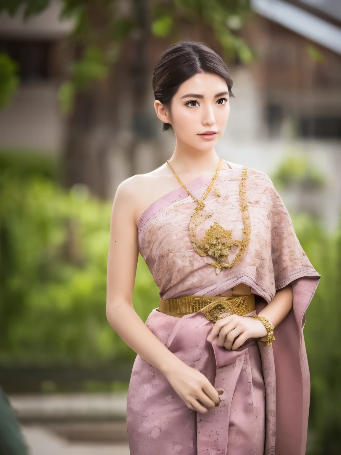 (RAW photo:1.2), (photorealistic:1.4), (masterpiece:1.3), (best quality:1.4), ultra high res, (detailed eyes), (detailed facial features), (detailed clothes features), HDR, 8k resolution, solo focus, thai tradition dress, tradition shawl, golden jewelry, 1 girl, facing to viewer, full body, depth of field, cinematic light, (adorable girl with rim lighting :1.2), (((perfect body shape ))), 21 year old, (Japanese face), (pale skin), (gorgeous short hair:1.1), (dark hair:1.11), Random body orientation,