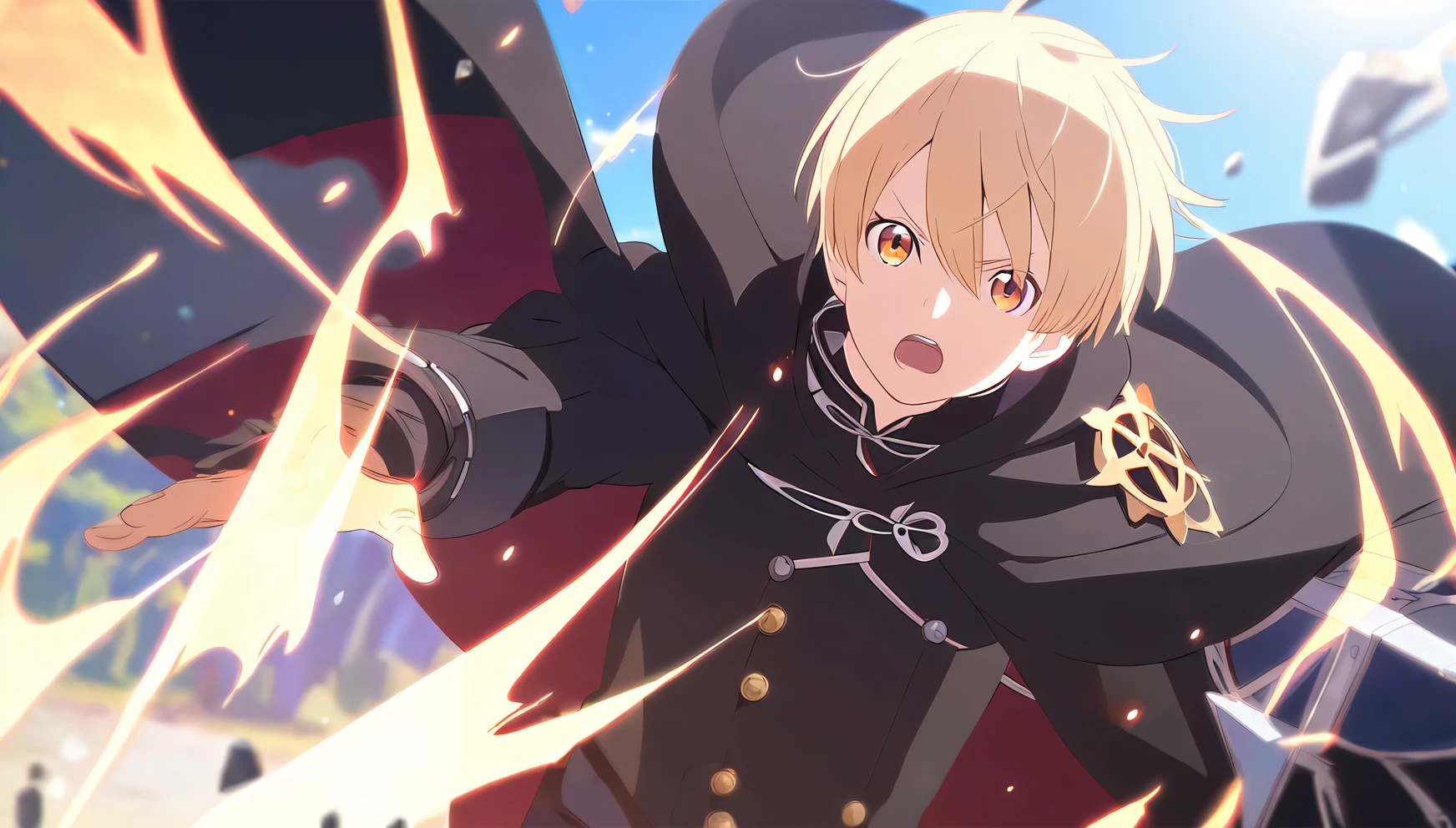 Anime Styles, Re zero style, black outfit, Black cloak, Leather suit, Male,boy,man, Fantasy, shield, magic spell , blonde hair, short hair, orange eyes, HD, effect, magic spell effect, Day background