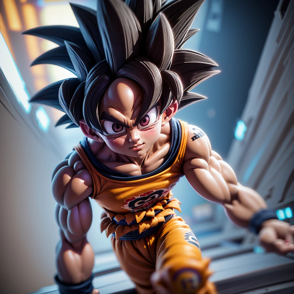 Goku, 3D character, tribal tattoos on arms, holding a Monster energy can in right hand, wearing a dark tracksuit, sitting in an alley, (best quality,8k,highres,masterpiece:1.2),ultra-detailed,(realistic,photorealistic,photo-realistic:1.37),cinematic lighting,moody atmosphere,dynamic pose,intricate details