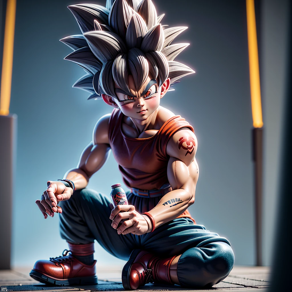 Goku, 3D character, tribal tattoos on arms, holding a Monster energy can in right hand, wearing a dark tracksuit, sitting in an alley, (best quality,8k,highres,masterpiece:1.2),ultra-detailed,(realistic,photorealistic,photo-realistic:1.37),cinematic lighting,moody atmosphere,dynamic pose,intricate details