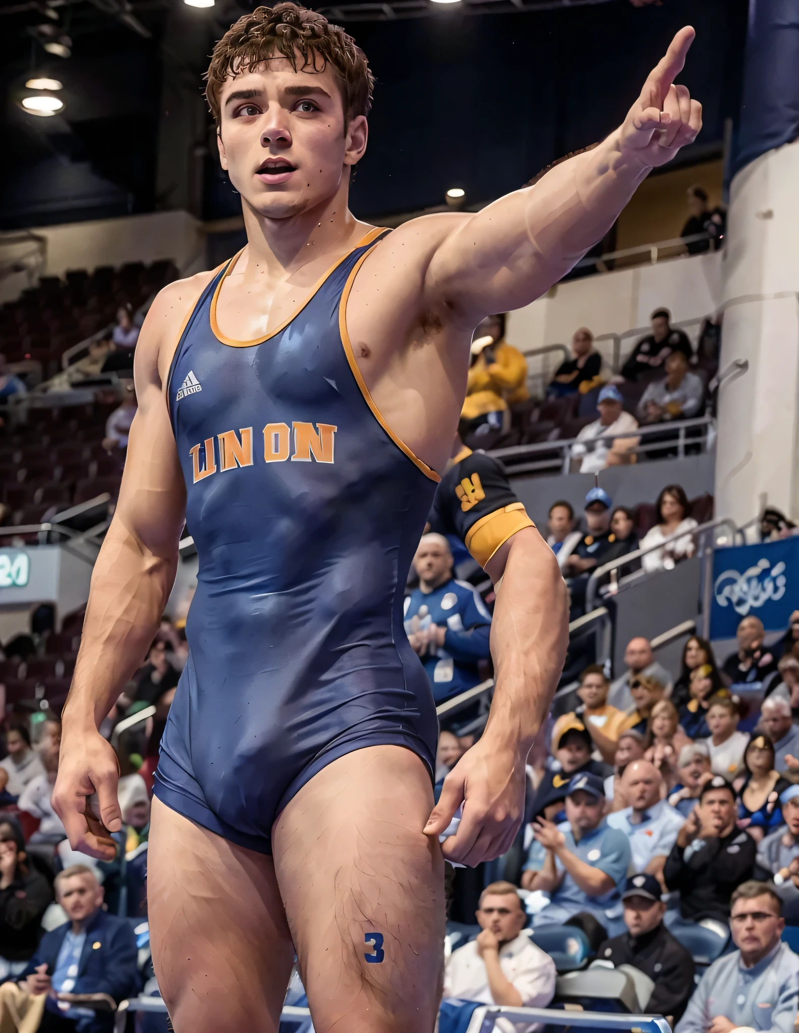(1boy, photorealistic:1.4, ultra realistic, masterpiece:1.2, best quality, 4k), young olympic male athlete wearing tight wrestling singlet, male wrestler in blue wrestling suit holding his hand up, slim athletic body build, twink, large bulge, the crowd cheers, detailed faces, ultra realistic skin, Olympic Games, shot on Nikon d850 50mm, dlsr, RAW, cinematic lighting, 3 point lighting, flash with soft box, arafed wrestler in blue wrestling suit standing in front of a crowd, wrestler, male wrestler in blue wrestling suit holding his hand up