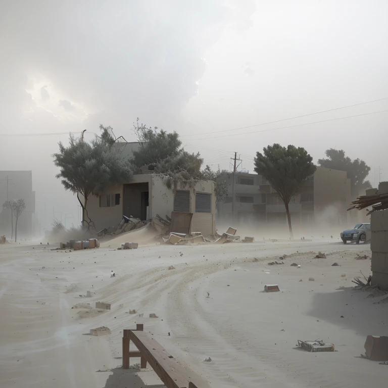 there is a bench in the middle of a dirt road, dust clouds and building debris, sand storm approaching, sand storm enters, dust floats in the air, dust in air, wind and dust, some dust in the air, dust in the air, dust partiles in the air, during sandstorm, dust and sand in the air, visible sky and humid atmosphere