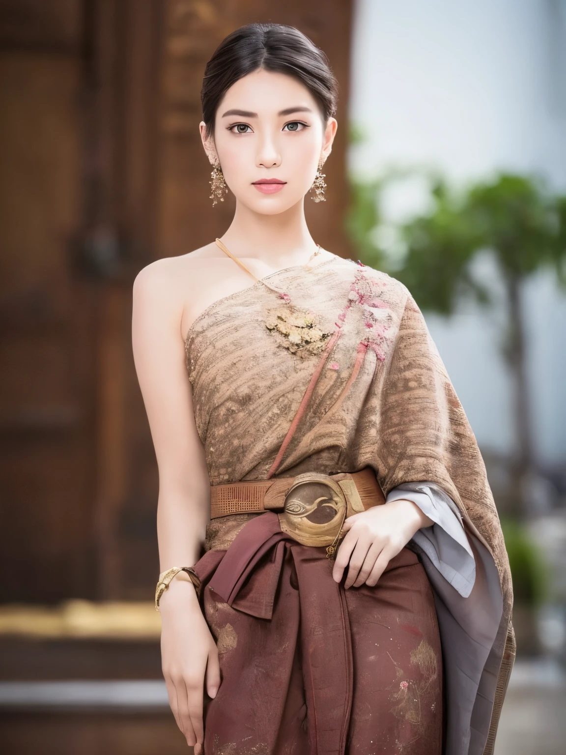 (RAW photo:1.2), (photorealistic:1.4), (masterpiece:1.3), (best quality:1.4), ultra high res, (detailed eyes), (detailed facial features), (detailed clothes features), HDR, 8k resolution, solo focus, thai tradition dress, tradition shawl, golden jewelry, 1 girl, facing to viewer, full body, depth of field, cinematic light, (adorable girl with rim lighting :1.2), (((perfect body shape ))), 21 year old, (Japanese face), (pale skin), (gorgeous short hair:1.1), (dark hair:1.11), Random body orientation,