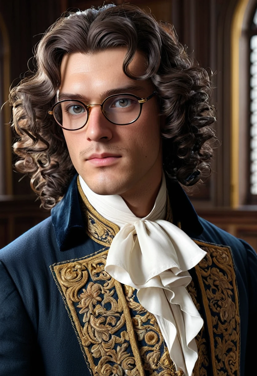 Sophisticated male lawyer、Elegant 18th Century English Court Costume、long curly wig、Glasses、Gentle and sophisticated eyes、Beautiful and exquisite lips、Extremely detailed eyes and face、、Detailed Background、Luxurious interior、high quality、Real、Photorealistic、Photorealistic:1.37、(最high quality、4K、8k、High resolution、masterpiece:1.2)、Super fine、(Real、Photorealistic、Photorealistic:1.37)、Dramatic lighting、Dramatic Shadows、Cinematic composition、Chiaroscuro、Rich colors、Decorative details、perfection style