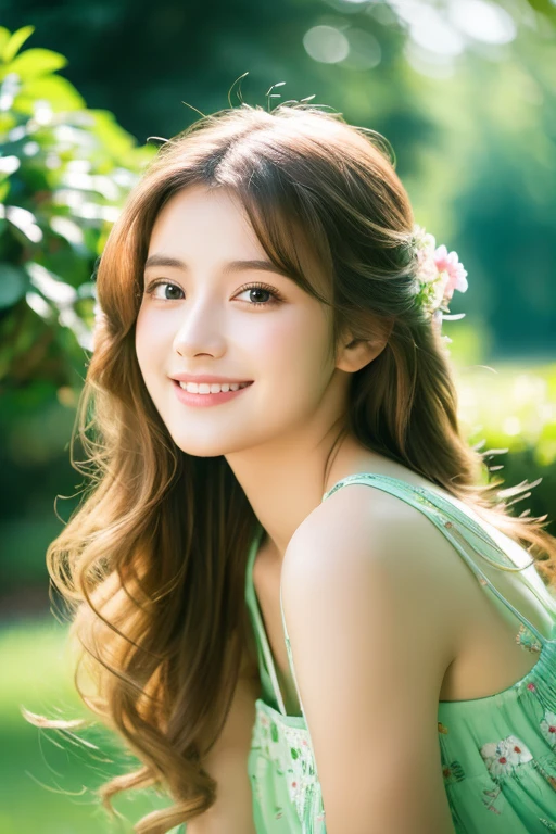 Highest quality,4K,8k,High resolution,masterpiece:1.2,Vibrant colors,Portraiture,Girl In The Garden,Beautiful attention to detail,Beautiful lip detail,Highly detailed eyes and face,Long eyelashes,Soft and flowing hair,Natural, glowing skin,Cute smile,Fluttering summer dress,Freshly bloomed flowers,Green grass and trees々,Warm sunshine,Playful pose,Serene atmosphere,Soft color palette,Subtle lighting effects