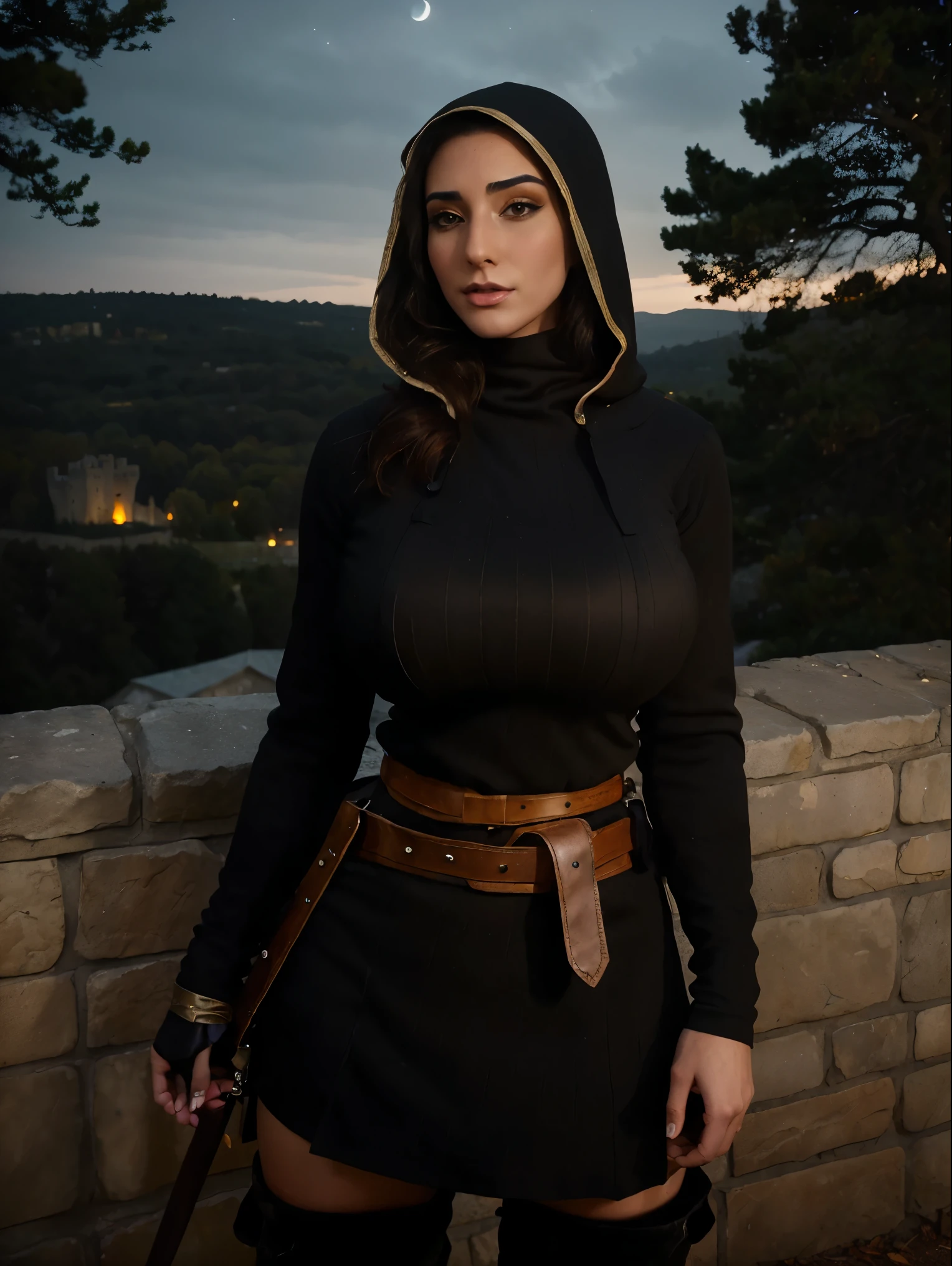 Gorgeous and sultry busty athletic (thin) brunette assassin with sharp facial features wearing a hood, black medieval tunic, long sleeves, skirts, trousers, boots, fingerless gloves, crown, modest attire, utility belt, (arm wraps), Middle Ages, castle, rampart, wall, exterior, on top of a castle wall, trees, countryside, nighttime, moonlight.