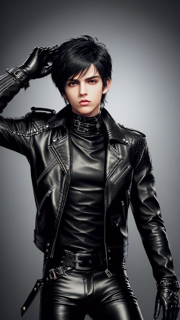 Final fantasy taste and reality graphics, ((Japanese young cute and cool ikemen  boy)), his age is early 20s, thin eyebrows and beady eyes,  ((he wearing black color leather  thick and heavy material jacket)), ((jacket is single-brest)), , ((jacket is large size)),((with epaulet)), ((jacket is long sleeve)), ((zipping up, front of the leather jacket)), , ((voluminous leather jacket)), ,((jacket length is high, and collar is stand-up)) ((jacket collar with two belts)), ((jacket is a little black color line pattern)), ((also wearing black thick material turtleneck lackluster shirts)),  ((tight black leather pants)),  ((put black leather tight and thin glove on both hands)), ((black leather glove)),((black leather knee-high raceup boots)),((must views  head-to-toe)),((must views whole body)), ,((Do not show skin from the neck down)),leather jacket leather glove and leather pants have few wrinkles, Avoid showing your innerwear,zip up jacket fastner.((must put on a leather glove)).
Boy is black hair.boy looks like fashion model.
Boy in the dim room.