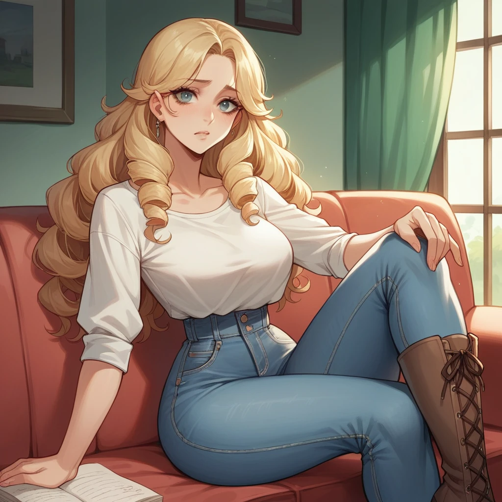 Beautiful woman 25 years old, not very high, long curly light blonde hair, Thin waist, big tits, well-shaped and large hips. She wears a top and jeans and long boots, sitting on her sofa, she is worried looking through an empty wallet, House