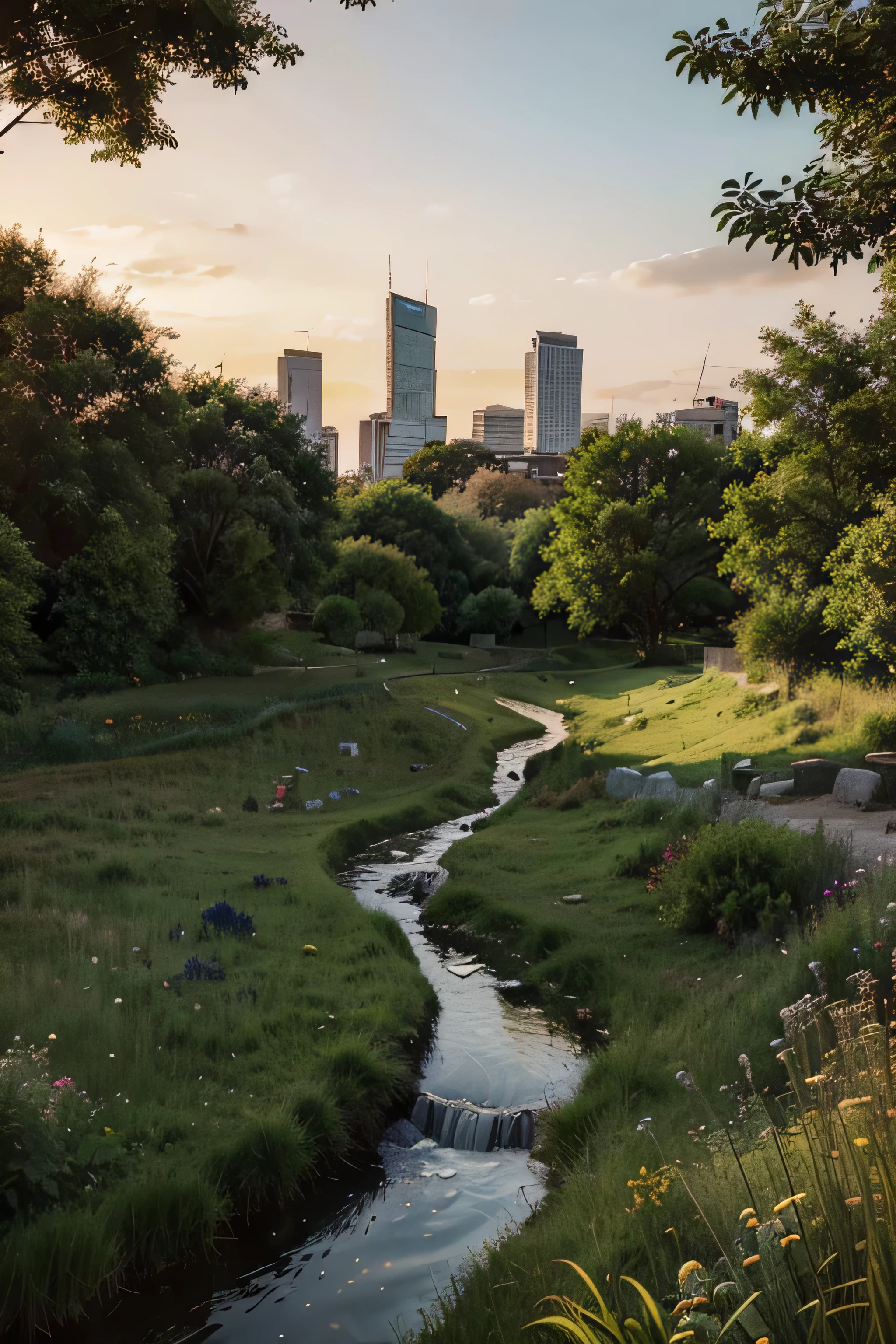 Illustration of an urban park, showing a natural environment with a very narrow stream running through an area covered with grass and bushes. Around there are trees of different species and in the distance you can see the city. In the sunset 