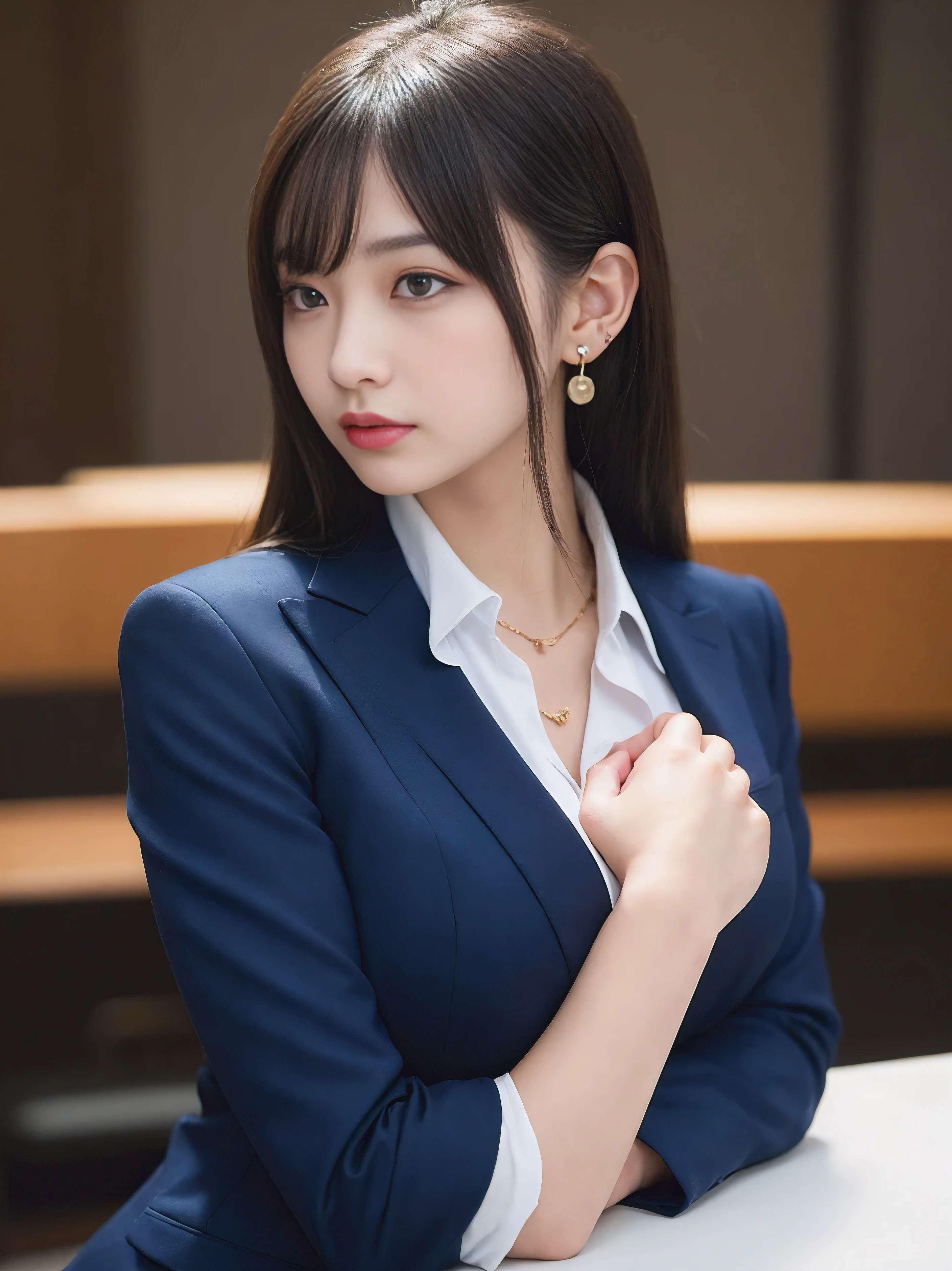 High resolution, Highly detailed photos, Ultra-realistic, Professional Lighting, Detailed bust, 8k wallpaper, Tabletop, Highest quality, One Girl, Straight Hair, Look at the viewers, business suit, Dark blue suit, shirt, Earrings, necklace, hose, Shapely bust, Bokeh Depth of Field, Put your arms down, Breassed together