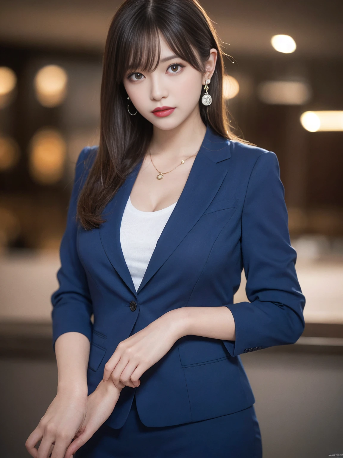 High resolution, Highly detailed photos, Ultra-realistic, Professional Lighting, Detailed bust, 8k wallpaper, Tabletop, Highest quality, One Girl, Straight Hair, Look at the viewers, business suit, Dark blue suit, shirt, Earrings, necklace, pantyhose, Shapely bust, Bokeh Depth of Field, Put your arms down, Breasts pressed together