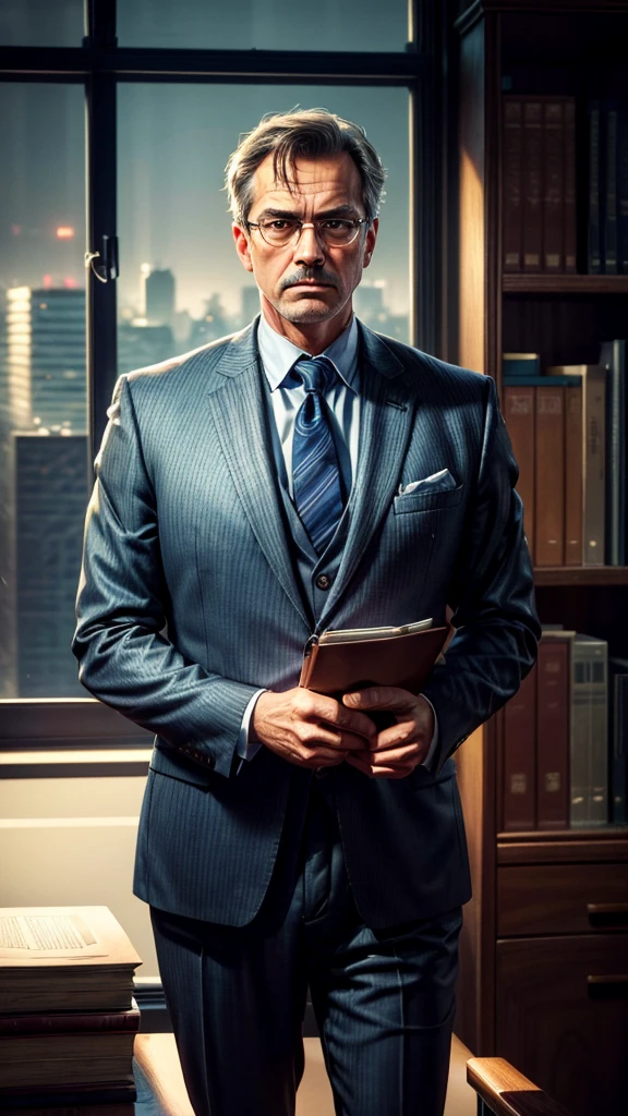 a mature lawyer, middle-aged man, formal suit, serious expression, indoor office setting, window with city view, law books on shelves, wooden desk, professional, photorealistic, cinematic lighting, muted color palette, (best quality,8k,highres,masterpiece:1.2),ultra-detailed,(realistic,photorealistic,photo-realistic:1.37)