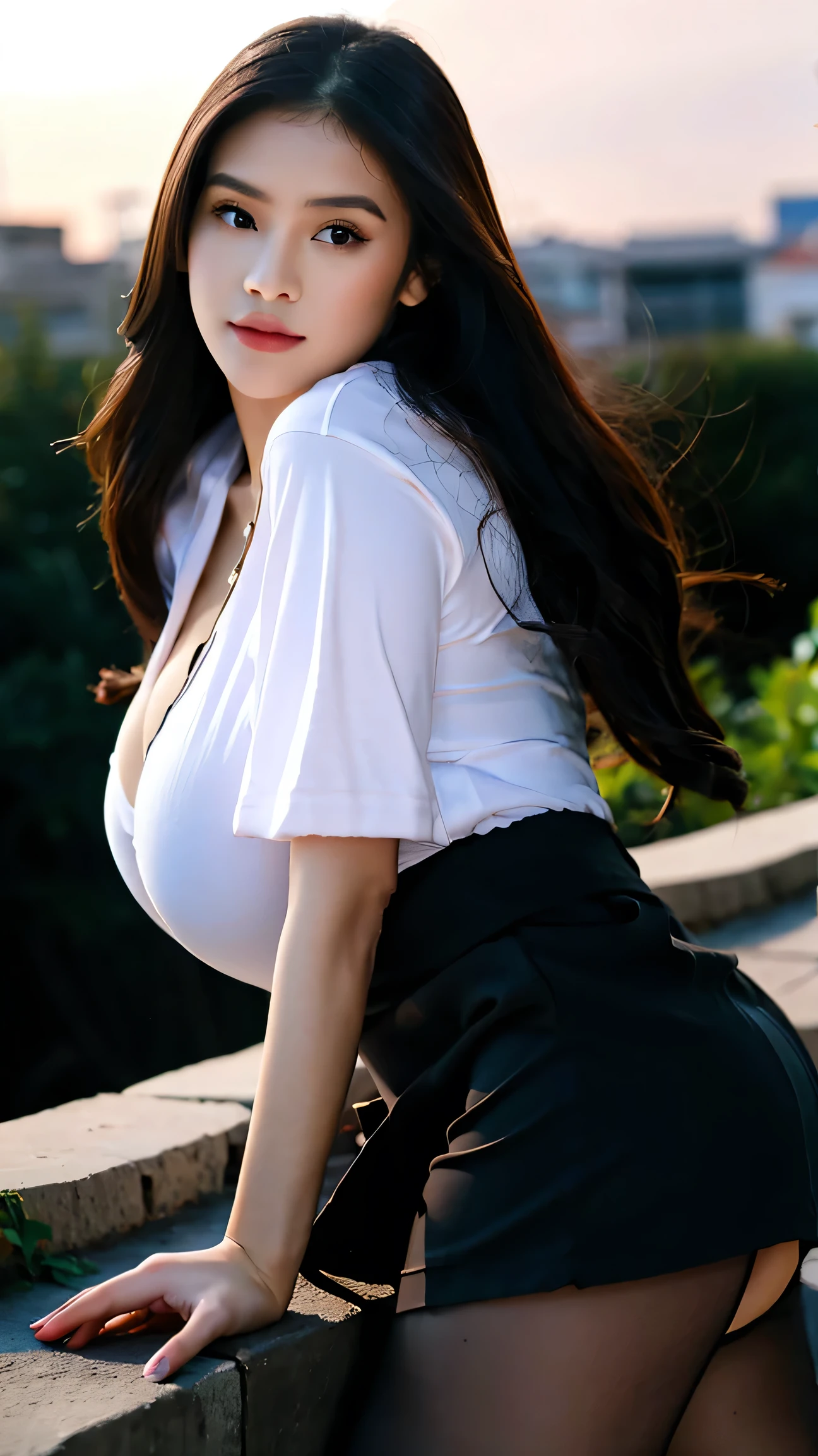 A stunning, intricate full color Ultra HD portrait of a 28 year old Chinese girl names anyageraldine, long black hair, black eyes, detailed face, wearing loose polo shirt, thin mini skirt, black pantyhose, big breast, in a sunset landscape, epic character composition , alessio. albi, nina masic, sharp focus, natural lighting, subsurface dispersion, f2, 35mm,