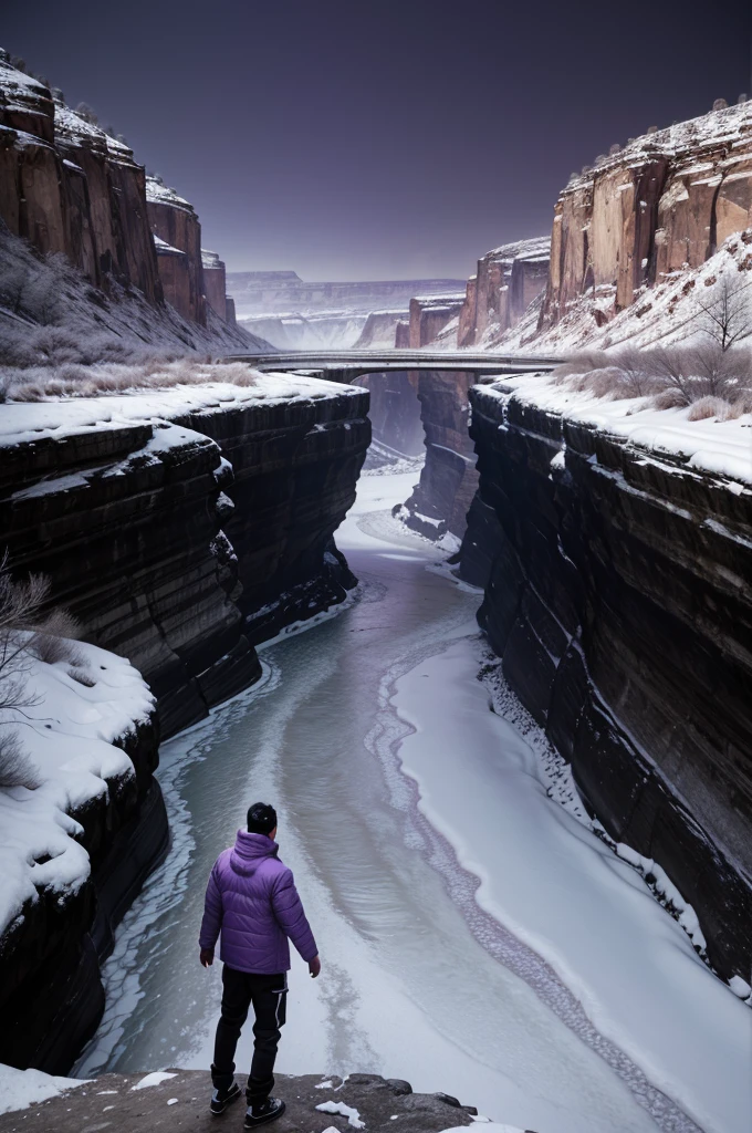 photograph of man in light purple intense cold clothing , canyon and a river behind , it is colored on the riverbank and the rest is black and white,RAW, photojournalism