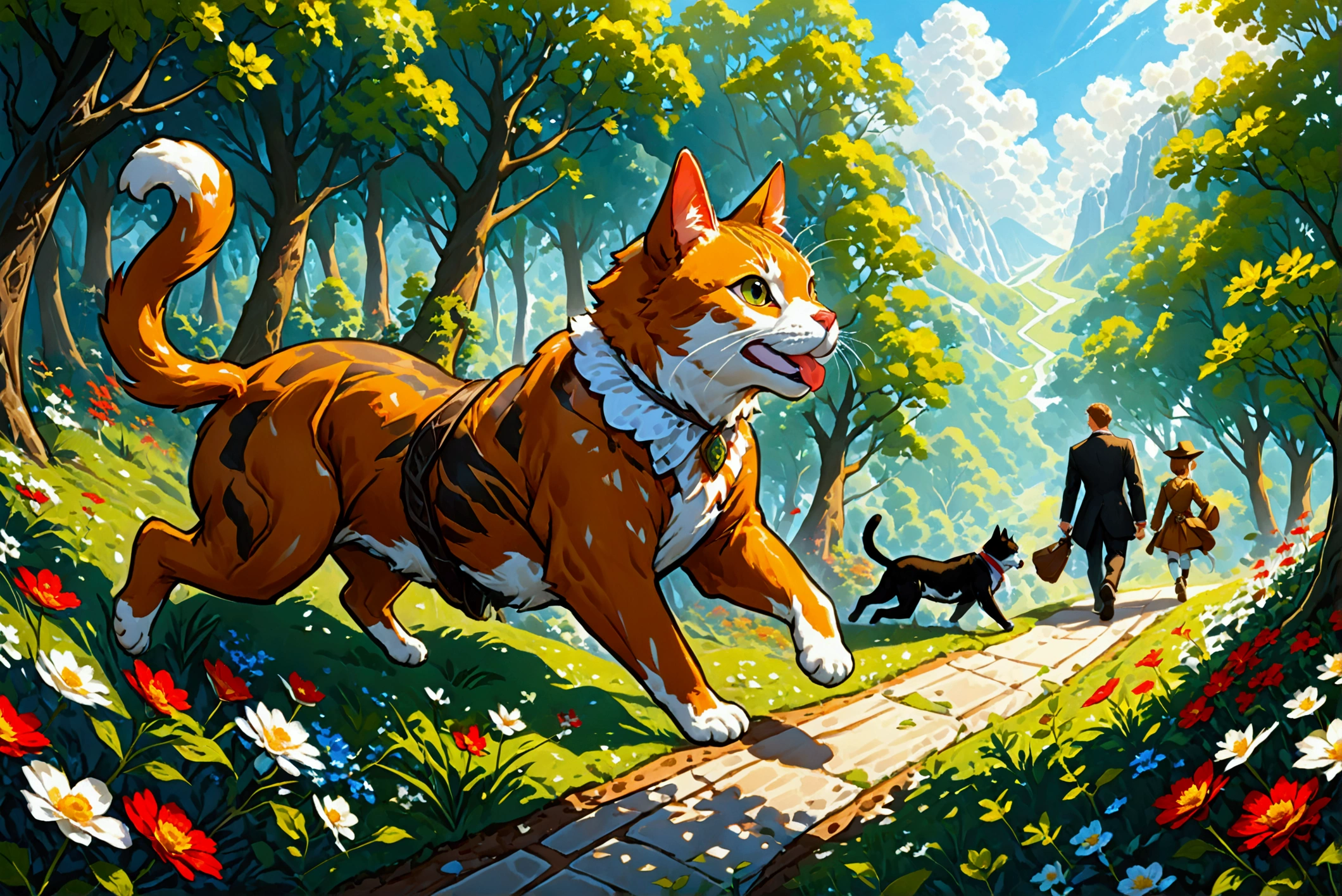 (Top Quality, Ultra Detailed, Realistic: 1.37), (From a diagonal side view:1.5), Humorous, Cartoon style, Thick lines, Children's storybook illustration, Bright colors, Two hunters with hunting rifles in their hands walk carefully down a path through a flowered forest, while two hounds gallop around them. In the middle, an anthropomorphic (human-sized cat:1.2) dressed in a 19th century suit walks alongside them,