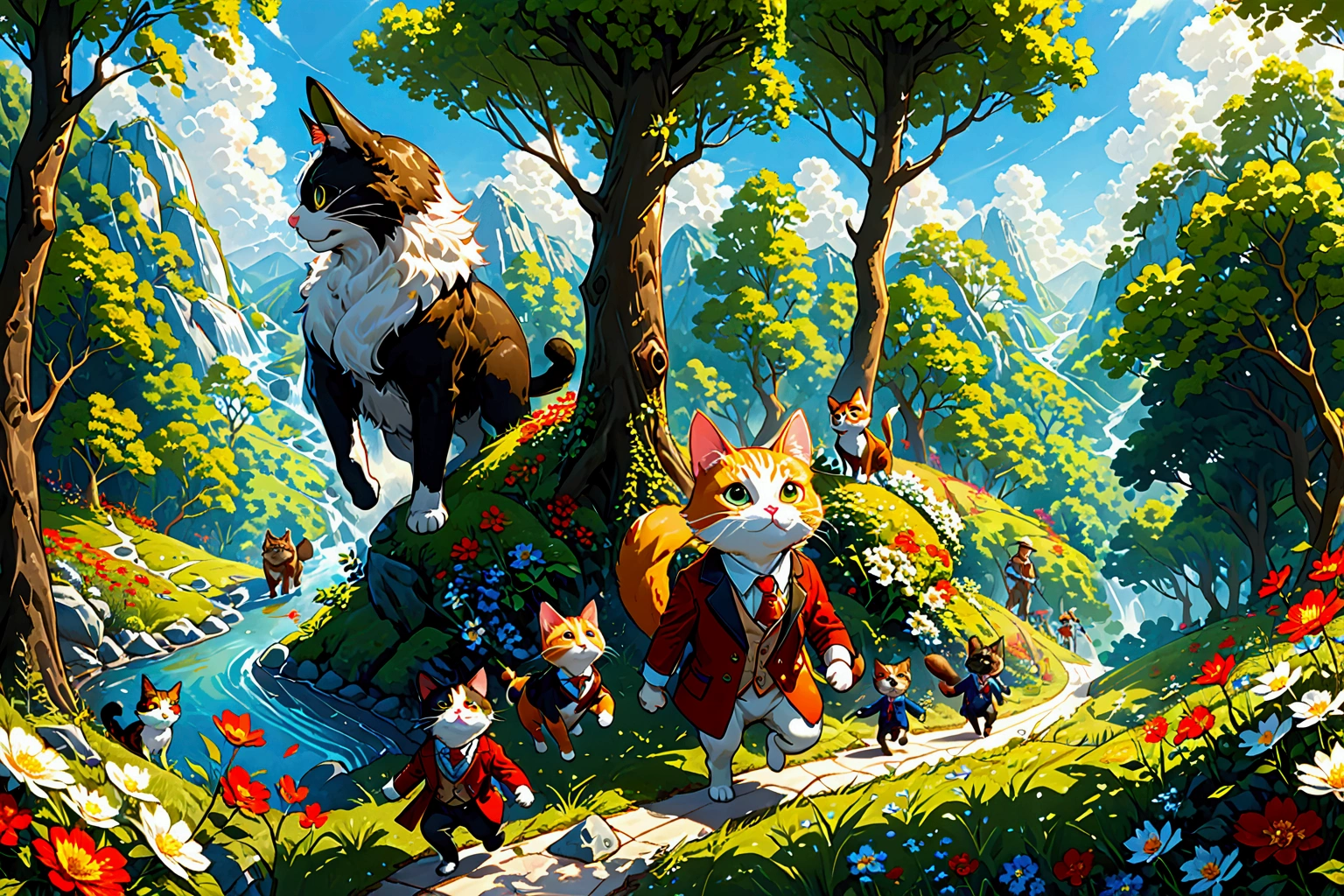 (Top Quality, Ultra Detailed, Realistic: 1.37), (From a diagonal side view:1.5), Humorous, Cartoon style, Thick lines, Children's storybook illustration, Bright colors, Two hunters with hunting rifles in their hands walk carefully down a path through a flowered forest, while two hounds gallop around them. In the middle, an anthropomorphic (human-sized cat:1.2) dressed in a 19th century suit walks alongside them, 