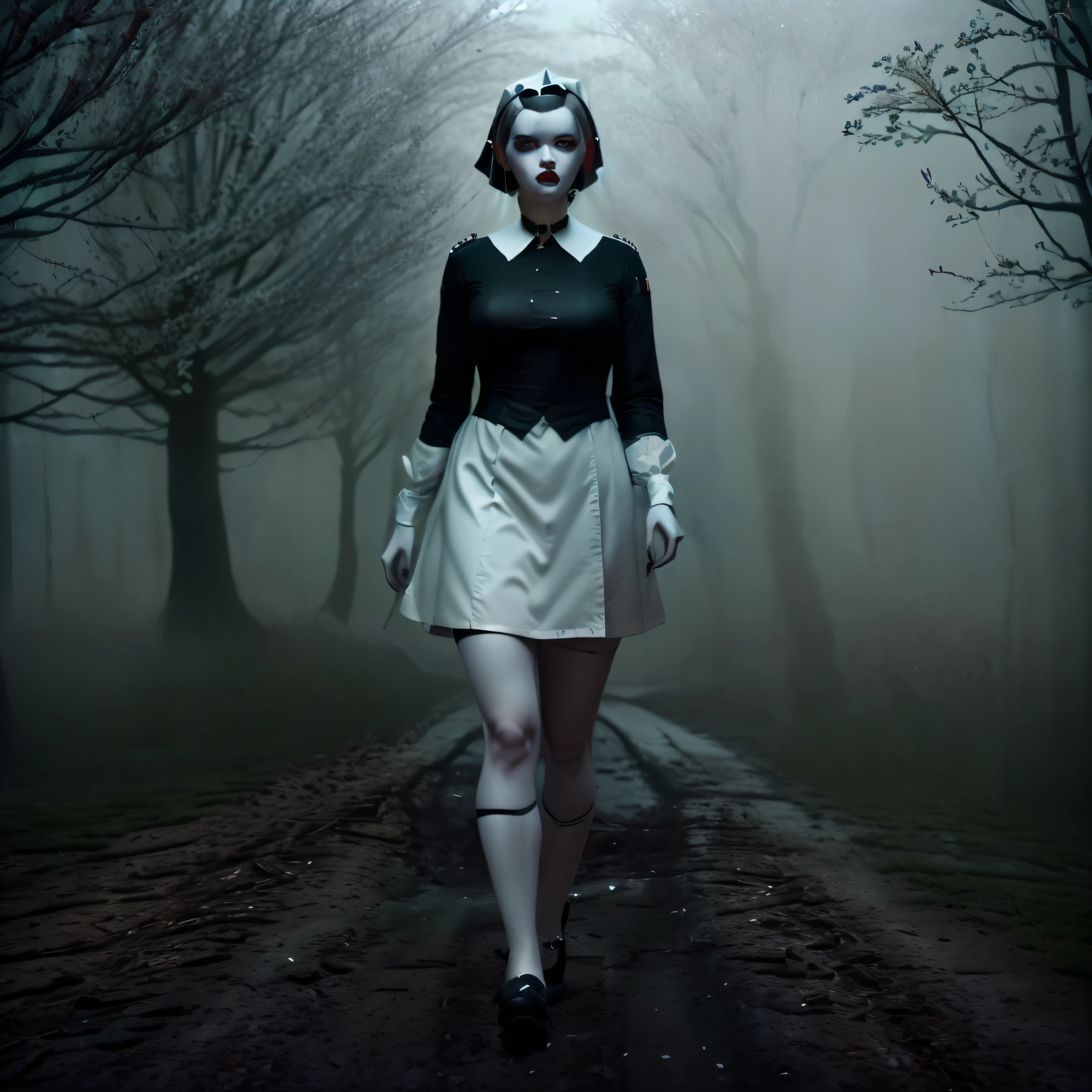 arafed woman in a white nurse dress and black shirt walking down a path, nurse hat, holding big scalpel, horror photography, natalie shau tom bagshaw, beautiful with eerie vibes, dark and horror style, creepy clown girl, creepy photography, surreal photography, eerie mood, monia merlo, natalie shau