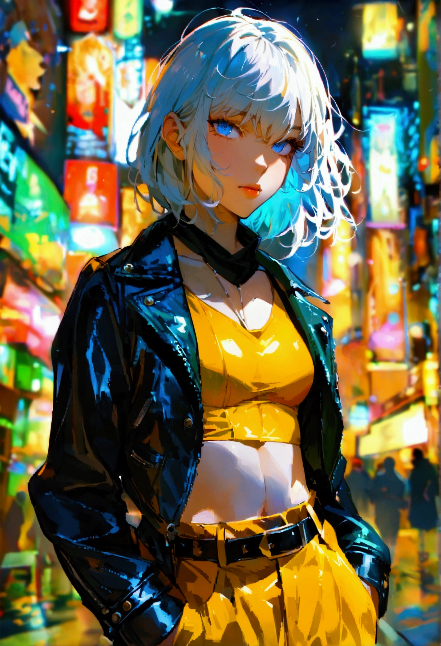 (high quality, masterpiece, detailed), night city detailed scenario, night city detailed background, 20 year old girl, Solitary, Multi-colored hair, White hair, Brown hair, Super hero, rogue, limit, blue eyes, jacket, Open clothes, belt, open jacket, scarf, Shorten the trouser legs, leather, leather jacket, Green pants, yellow colored pants, yellow leather top, green leather top, Crop Top, Umbilical cord, Perfect face, beautiful eyes, Perfect eyes, Looking at the audience, Sexy pose
