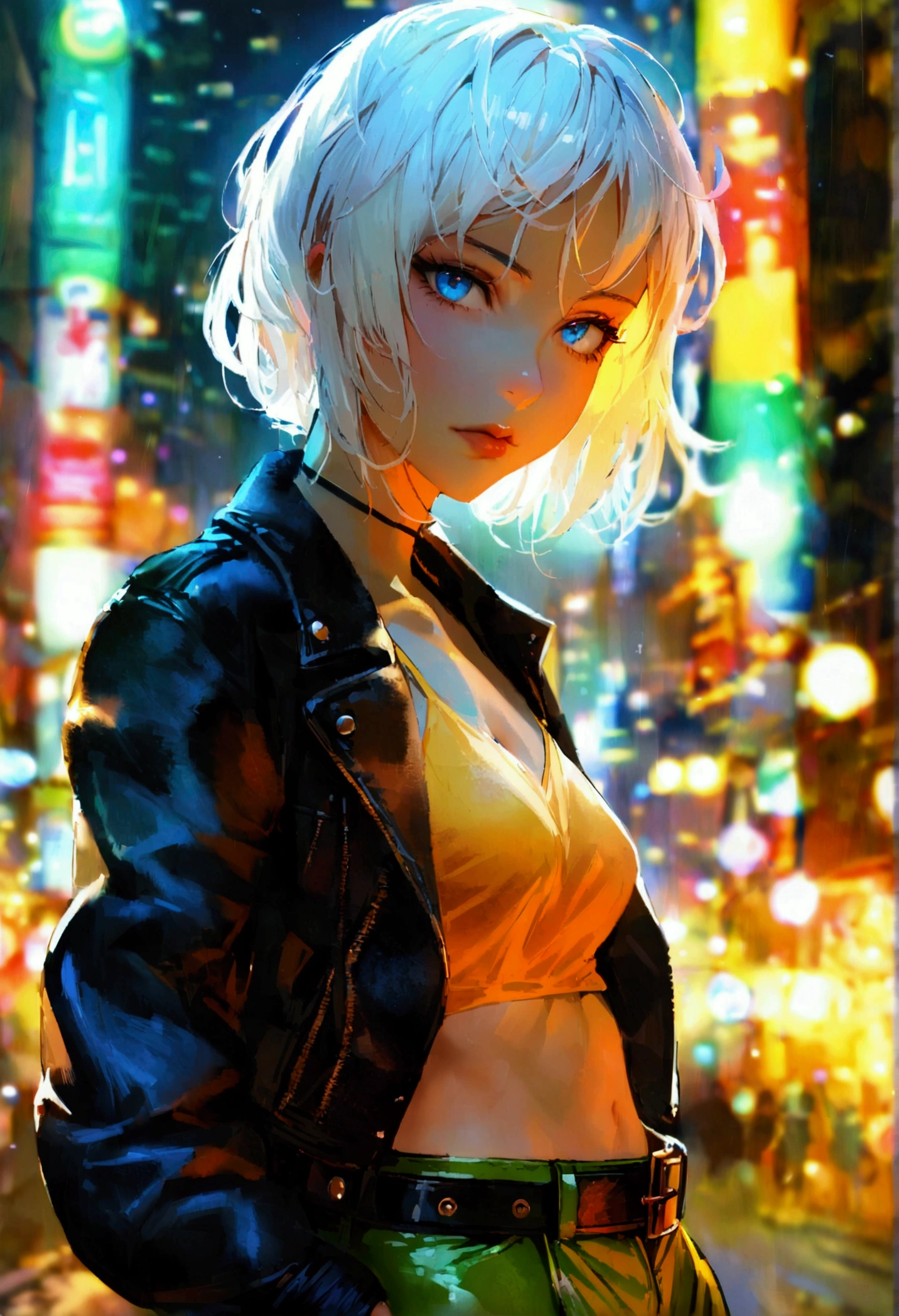 (high quality, masterpiece, detailed), night city detailed scenario, night city detailed background, 20 year old girl, Solitary, Multi-colored hair, White hair, Brown hair, Super hero, rogue, limit, blue eyes, jacket, Open clothes, belt, open jacket, scarf, Shorten the trouser legs, leather, leather jacket, Green pants, yellow colored pants, yellow leather top, green leather top, Crop Top, Umbilical cord, Perfect face, beautiful eyes, Perfect eyes, Looking at the audience, Sexy pose