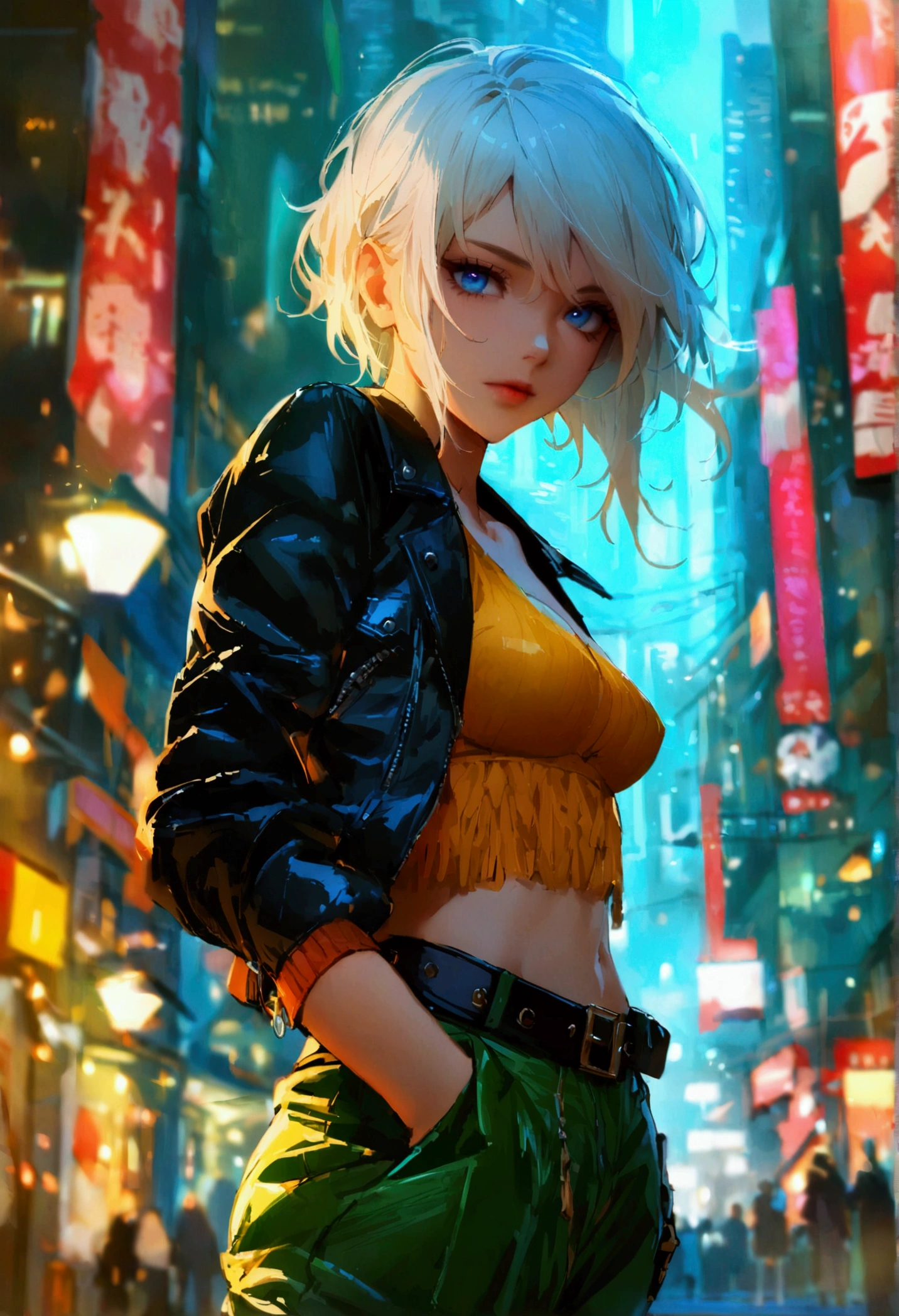 (high quality, masterpiece, detailed), night city detailed scenario, night city detailed background, 20 year old girl, Solitary, Multi-colored hair, White hair, Brown hair, Super hero, rogue, limit, blue eyes, jacket, Open clothes, belt, open jacket, scarf, Shorten the trouser legs, leather, leather jacket, Green pants, yellow colored pants, yellow leather top, green leather top, Crop Top, Umbilical cord, Perfect face, beautiful eyes, Perfect eyes, Looking at the audience, Sexy pose