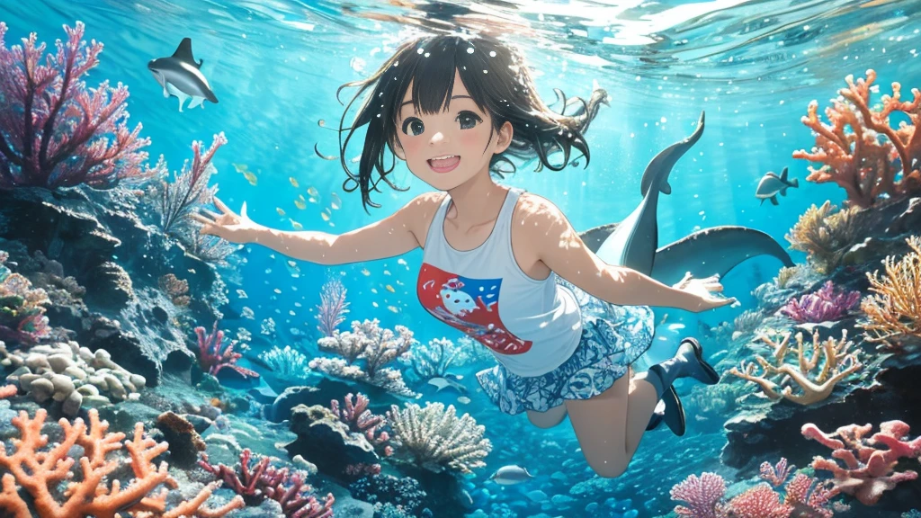 {best quality}, {very aesthetic}, {ultra-detailed}, {8k}, {Super elaborate face}, {Super-smart body}, {best illustration},　swim under the sea, (In the water), A woman playing with a dolphin on the ocean floor in midsummer, Ocean floor at dusk, smile, Super-detailed dolphin, 夕日が刺し込むIn the water, T-Shirts, Sand on the seabed, Soft Light,　Coral Reef, full body view,