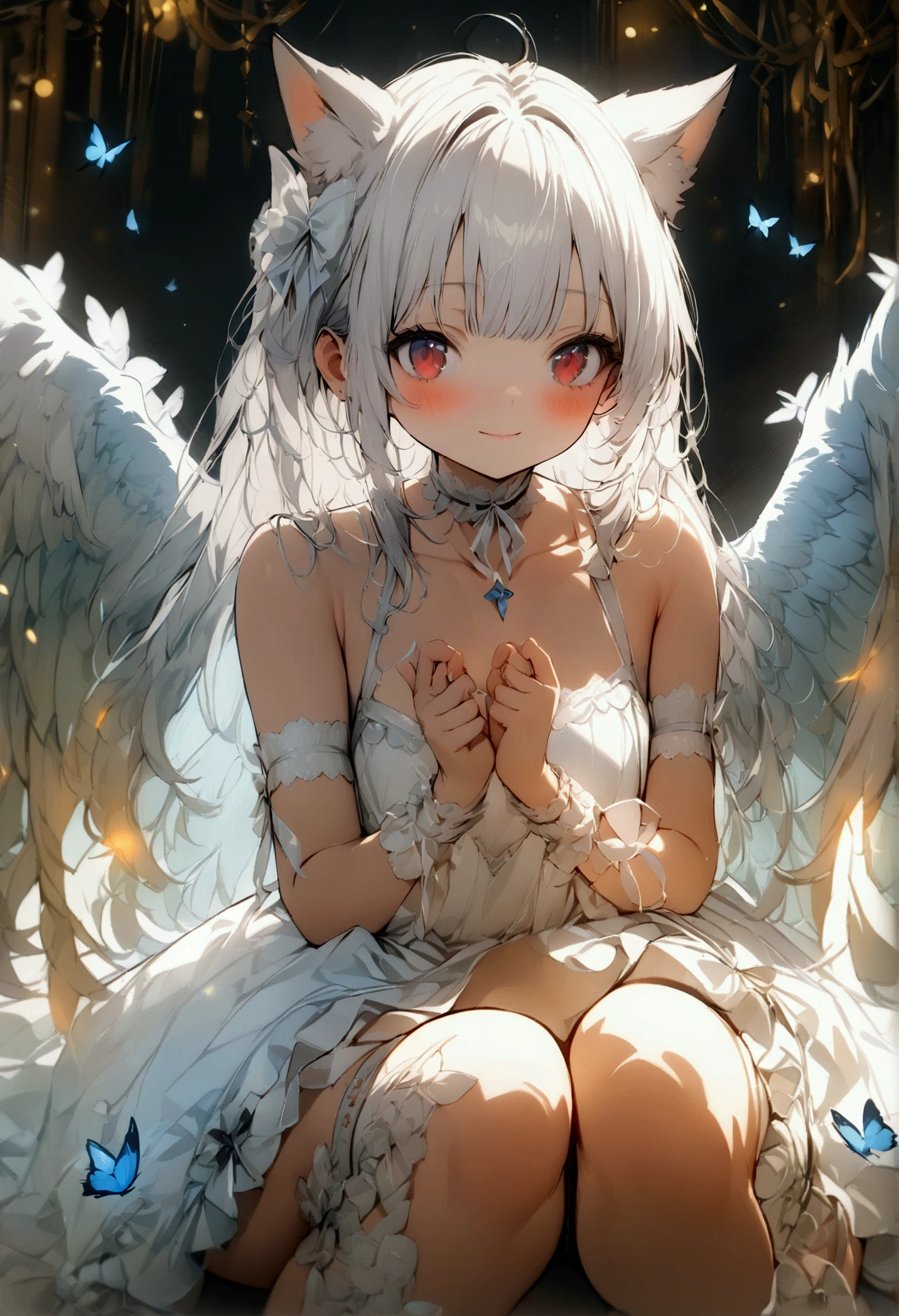 cute li, cat girl, spread legs, white hair, white dress, red eyes, bare feet, bare legs, feathered wings, angel, innocent, thigh strap, feathers, blue butterflies, thigh bands, elegant, (best quality,4k,8k,highres,masterpiece:1.2),ultra-detailed,delicate, ethereal, serene, whimsical, soft lighting, pastel colors,wariza,bridal garter, dreamlike, fantasy,heaven,halter dress,looking at viewer,bare_shoulders , frilled dress,collarbone,arm ribbon,garland for decoration,ankle_lace-up,wristband,blush,choker