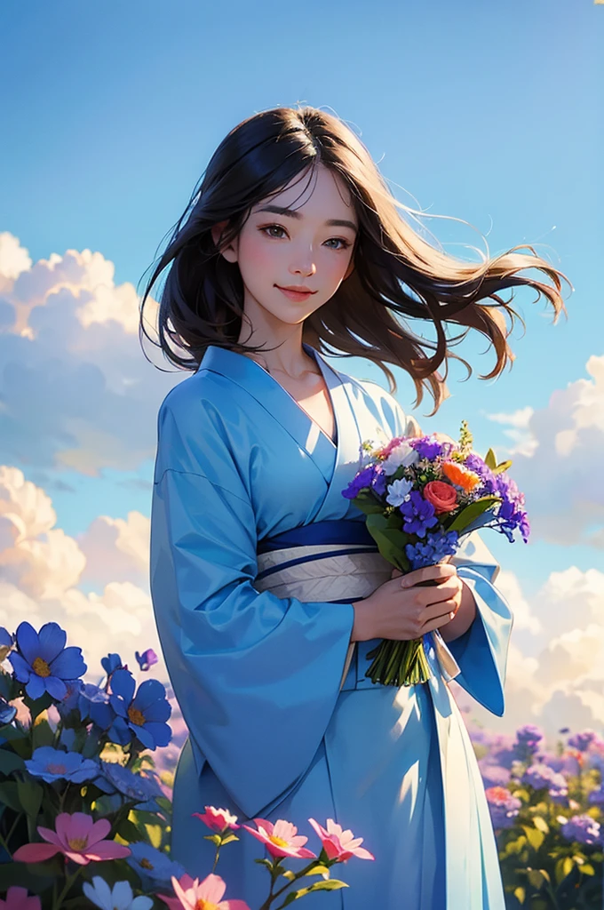 Under a clear blue sky, a beautiful woman wearing a blue kimono smiles while holding a bouquet of flowers.