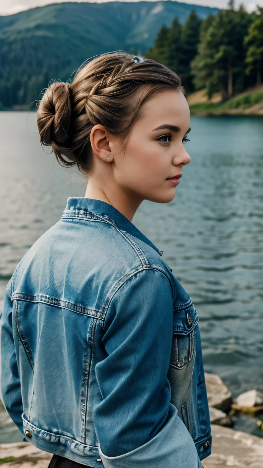 melissa sue anderson, 18 years old, denim jacket, leather skirt, bun hairstyle, another world in the sky, hands behind the back, lake background, shooting star, watching the camera, closeup, close-up, wave a goodbye