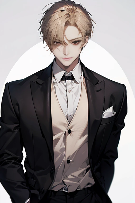 Masterpiece, best quality, finely details, red eyes, short blonde hair, smirk expression, white shirt, elegant, black suit.