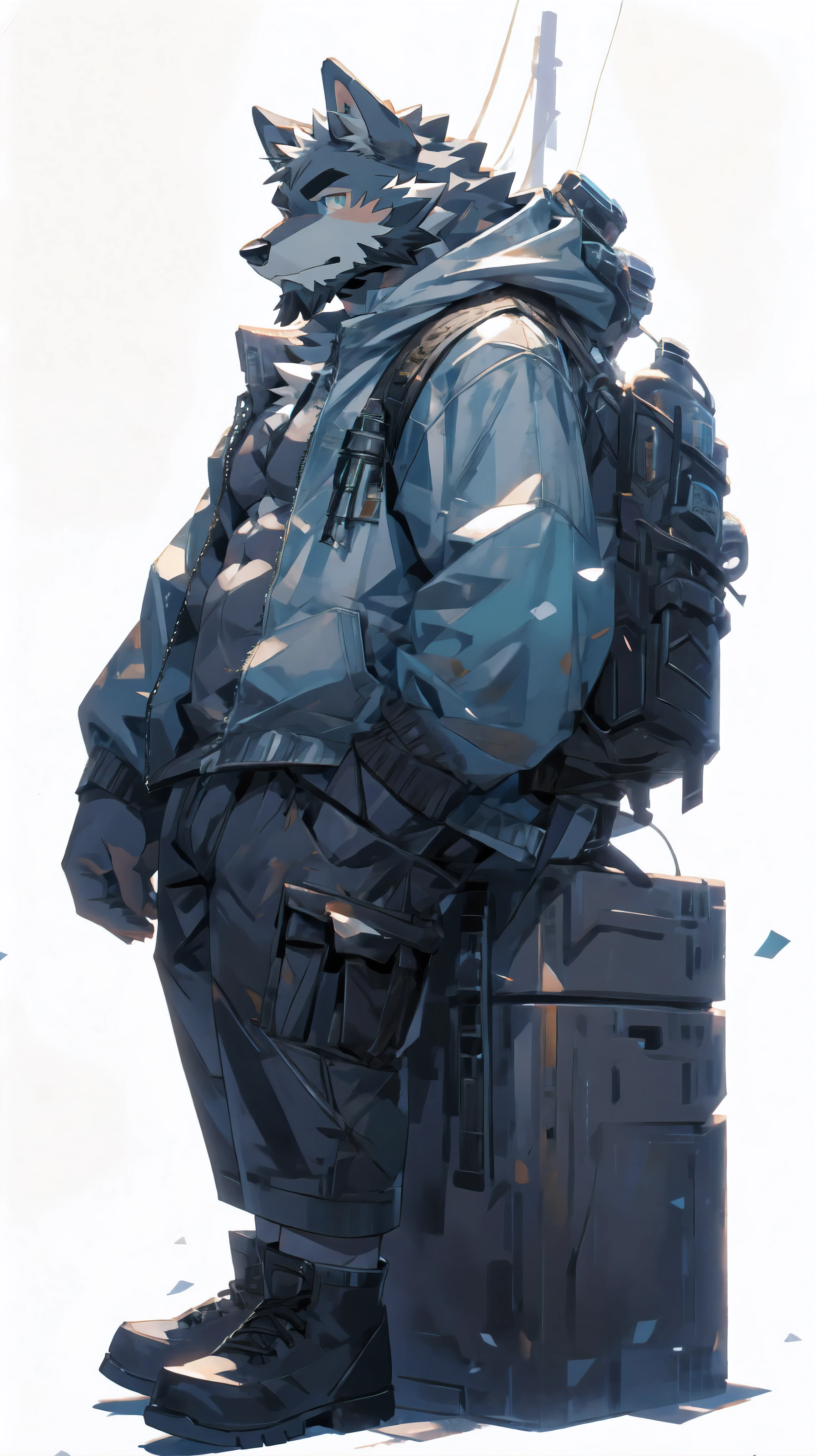 (masterpiece:1.2), best quality,pixiv,official art,perfect anatomy, (Ray tracing, light),solo, (1_male:1.3) , (muscle), (grey fur:1.4), (muscle wolf), (beard:1.2), (gleaming cyan eyes), wolf tail, full body, Thick black eyebrows, (open short hoodie), (naked inside),cargo shorts, black short boots, (pure white background: 1.3), side view, sitting on tower, morden style