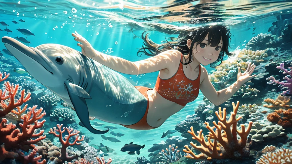 {best quality}, {very aesthetic}, {ultra-detailed}, {8k}, {Super elaborate face}, {Super-smart body}, {best illustration}, swim under the sea, (In the water), A woman playing with a dolphin on the ocean floor in midsummer, Ocean floor at dusk, smile, Super-detailed dolphin, 夕日が刺し込むIn the water, T-Shirts, Sand on the seabed, Soft Light, Coral Reef, full body view, flat chest,