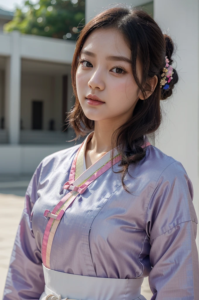 beautiful young woman face korean, modern hanbok ลายลูกไม้สีสดใส