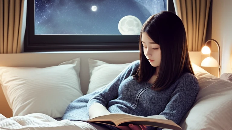 A young woman reading a book in bed、Background in the room、night、From the window、The moon and stars are visible、A delicate touch、eye、Draw hair in detail