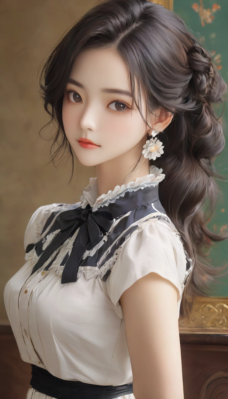 (masterpiece, Highest quality:1.2), One girl, alone,bony body、15 years old、Earrings、(one hand on hip:1.3) , master piece , best quality , highly detailed , woman , blouse , (matured female)