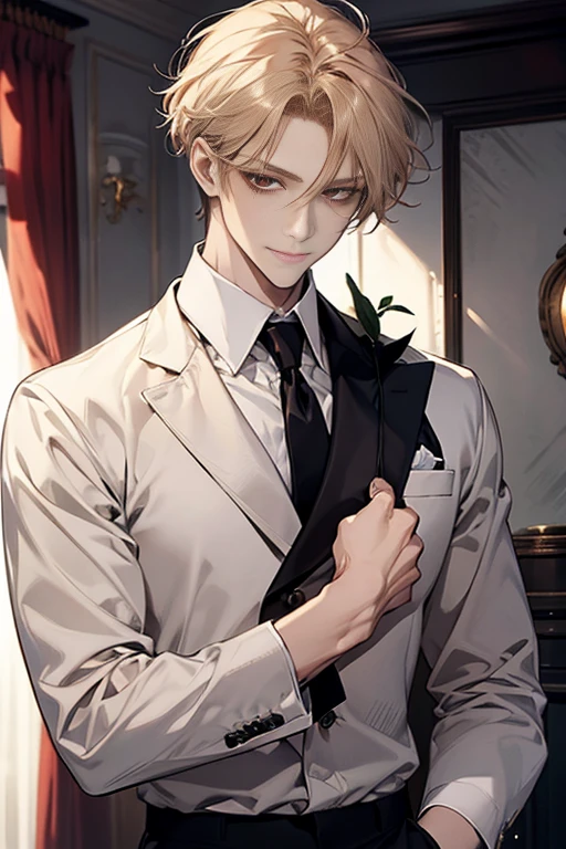 Masterpiece, best quality, finely details, red eyes, short blonde hair, smirk facial expression, white shirt, elegant, black suit.