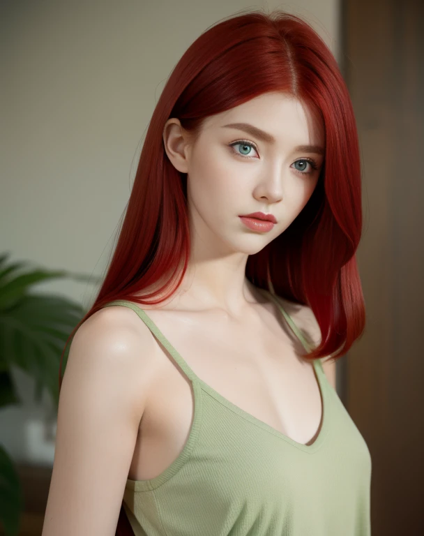 red haired woman,Green eyes