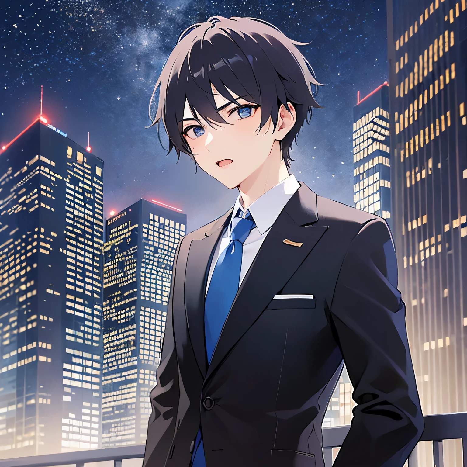 masterpiece、Highest quality、 (25-year-old male:1.5) and(Black short hair) and (blue eyes), (suit:1.5) and (Blue tie）(suit:1.5) and (Blue tie）、 eyes widen、blush,Serious,open mouth,The background is the city at night,(Night Sky：1.5)