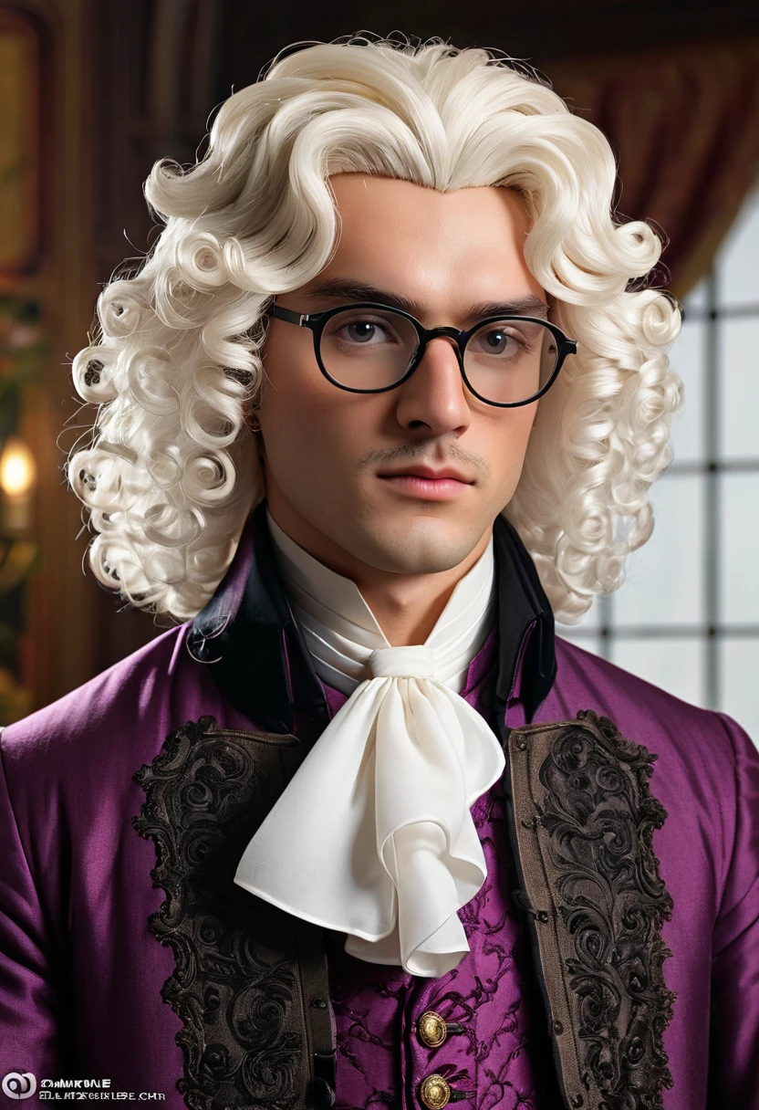 Cowboy si:1.51.5、Sophisticated male lawyer、Elegant 18th Century English Court Costume、Long white curly wig、Glasses、Gentle and sophisticated eyes、Beautiful and exquisite lips、Extremely detailed eyes and face、、Detailed Background、Luxurious interior、high quality、Real、Photorealistic、Photorealistic:1.37、(最high quality、4K、8k、High resolution、masterpiece:1.2)、Super fine、(Real、Photorealistic、Photorealistic:1.37)、Dramatic lighting、Dramatic Shadows、Cinematic composition、Chiaroscuro、Rich colors、Decorative details、perfection style
