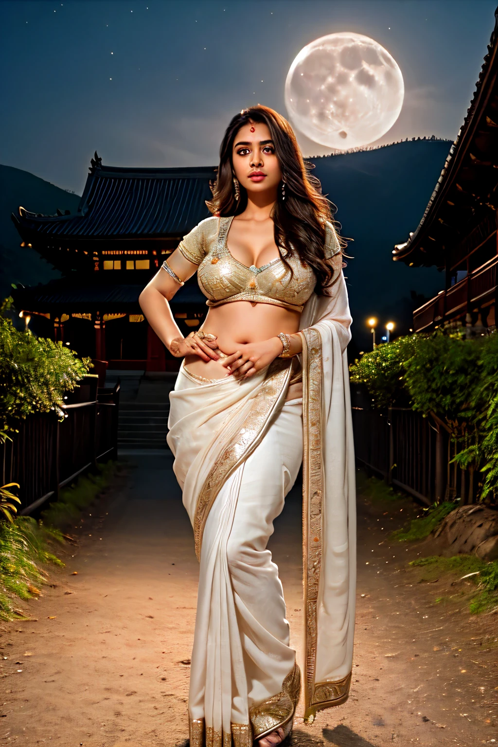 Beautiful indian woman posing, straight photoshoot pose, full body portrait, moonlit night, night time, winter, walking on forest path, detailed face, cute, big eyes, iconic, photorealistic, mountain temple, detailed background, big breasts, sexy thin saree, long wavy hair, cleavage, symmetric face, masterpiece, 8k, ultra realistic