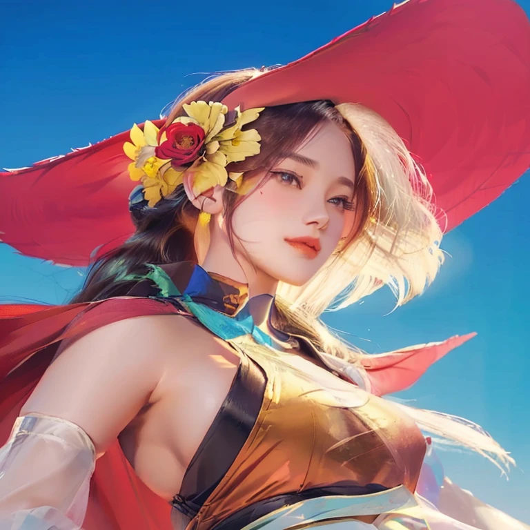 a woman in a red hat and yellow dress with a flower in her hair, rossdraws 1. 0, rossdraws 2. 5, rossdraws 2. 0, rossdraws portrait, rossdraws digital painting, rossdraws cartoon vibrant, rossdraws and jazza, 8K detailed fantasy, 2.5 CGI animated, avatar image, artgerm style, style artgerm, artgerm portrait, :: rossdraws