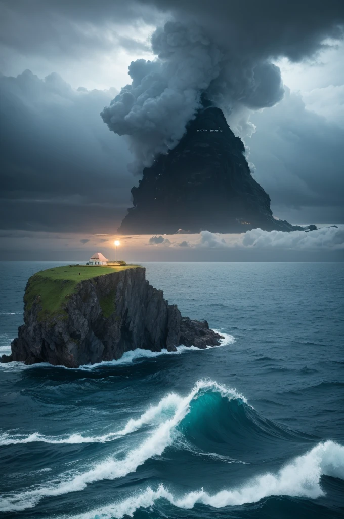 Island sinking alone in the sea with storm and whirlpool