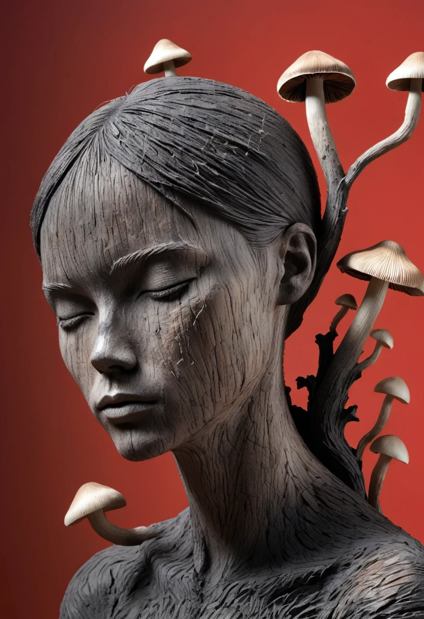 Aron Demetz, Master of Arts，Woodcarving，Portrait charcoal sculpture，whole body，Light and Shadow，Wood texture，Mushrooms growing on the sculpture，Black charcoal，Red background