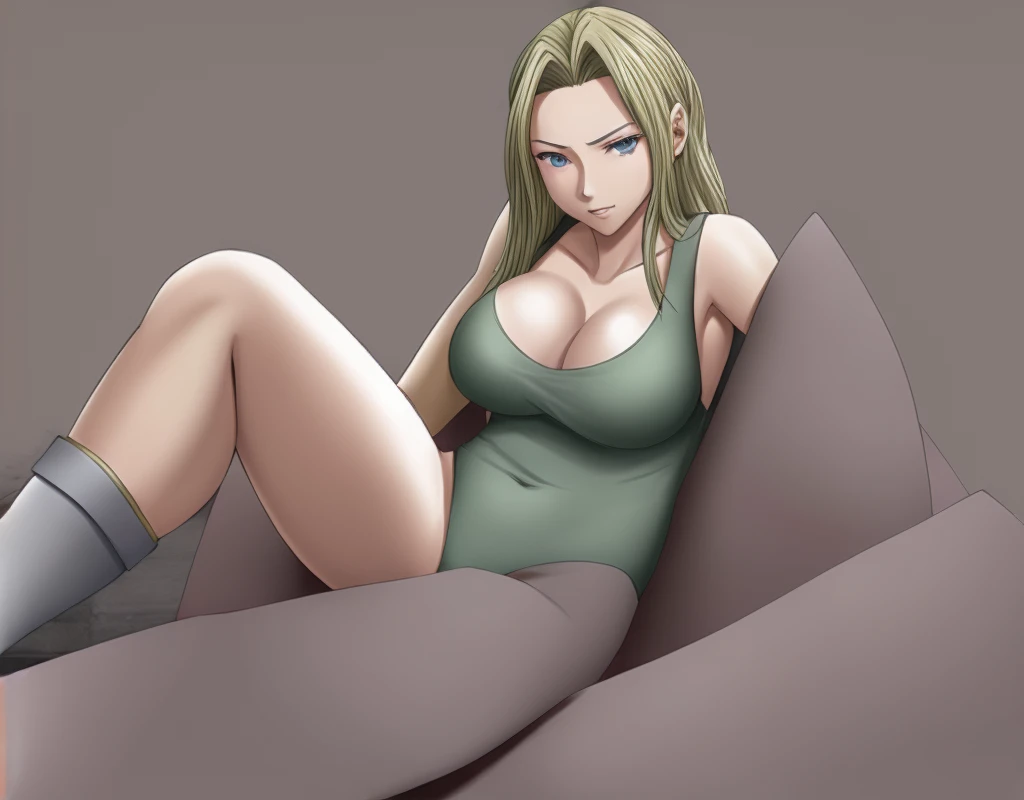 Celis, with her big breasts and beautiful legs, stands in a high-cut leotard.。There are men around。