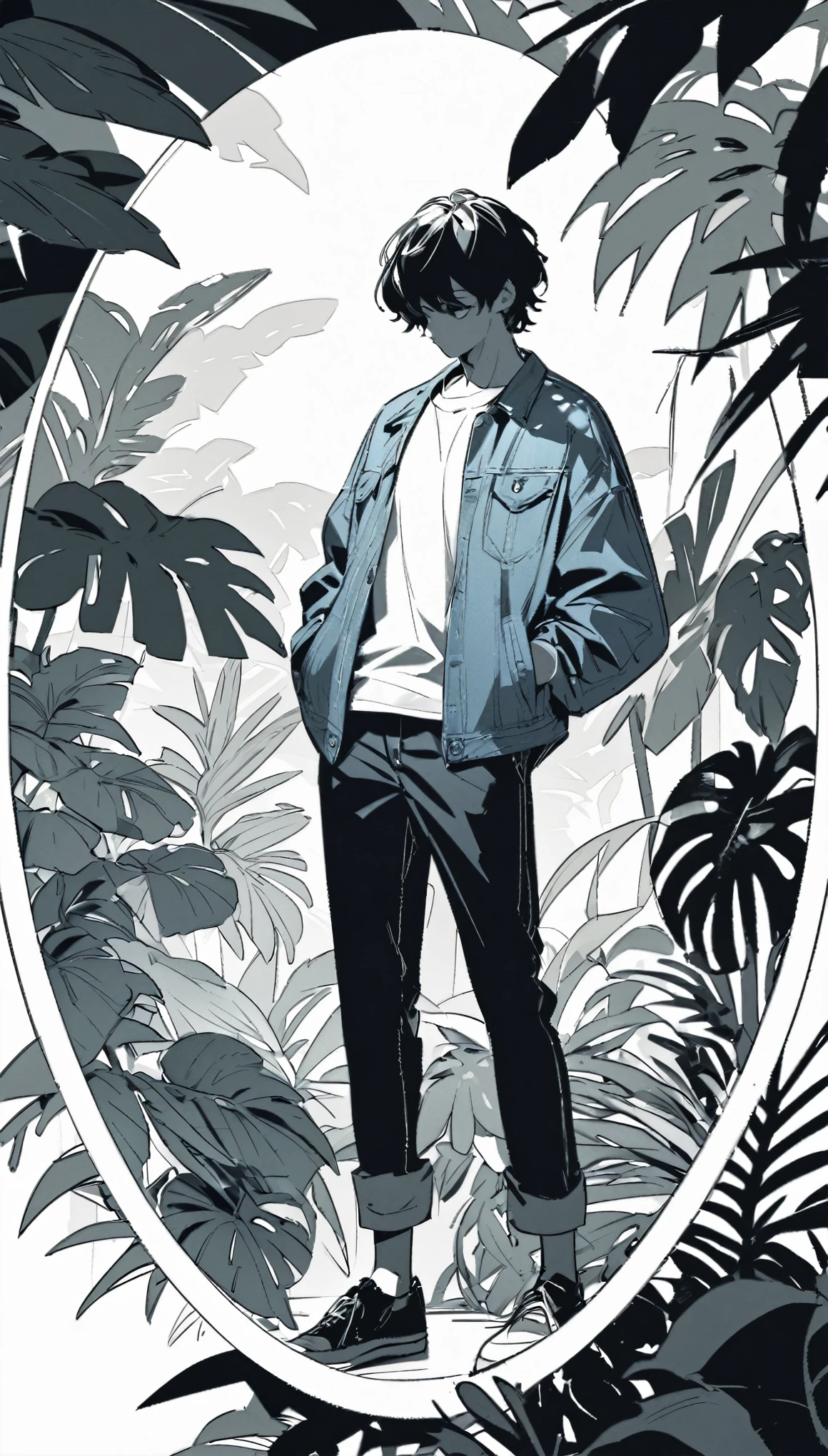 Create an illustration of a person standing in a relaxed pose. He wears a denim jacket, A white T-shirt, Put your hands lightly in your pockets. Tropical plants with large leaves as background, The figures are placed in a circular frame，With crispy, Paper-like background texture. The overall aesthetic is monochrome, Use detailed shadows to give depth and texture to clothing and plants.