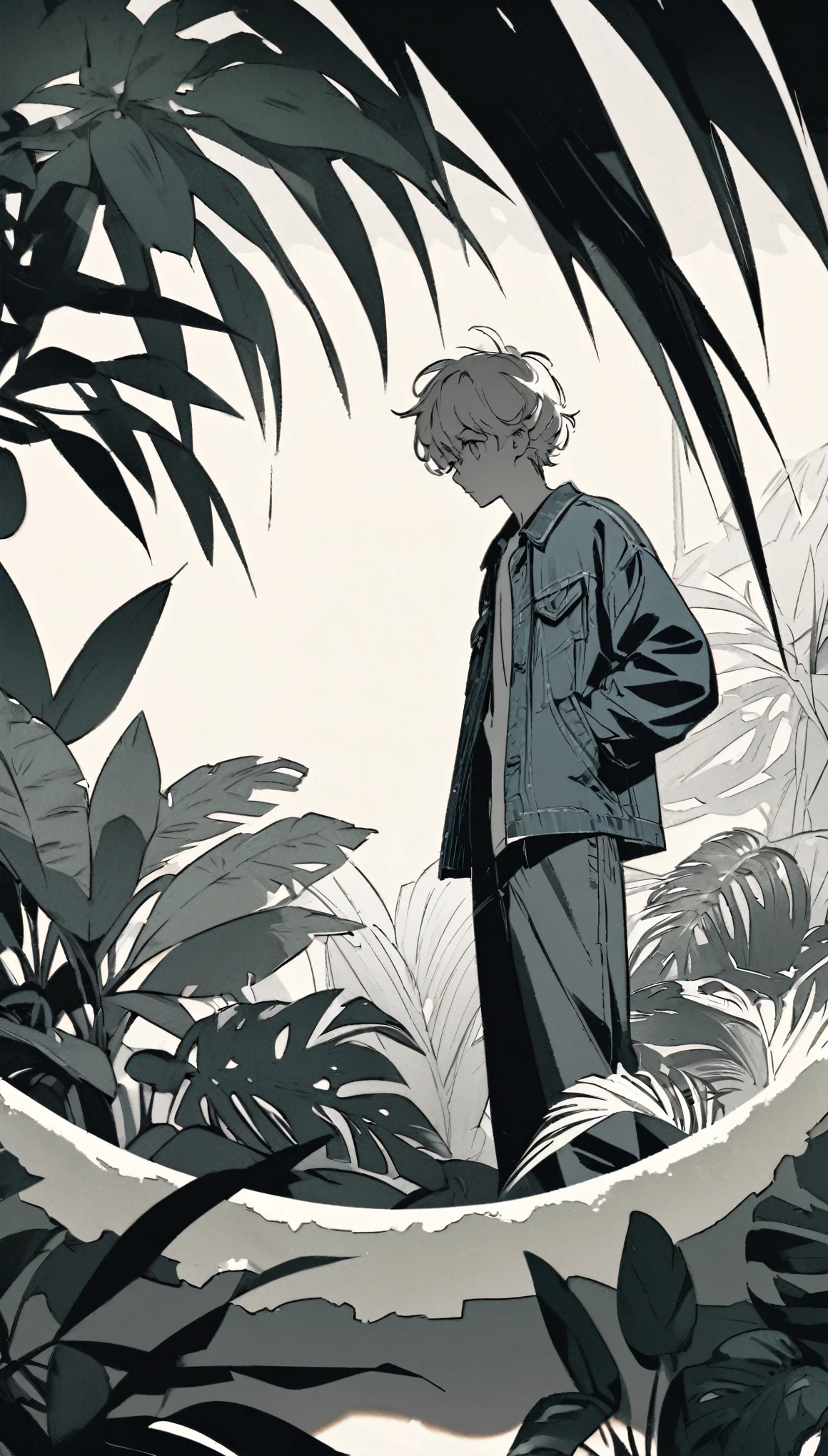 Create an illustration of a person standing in a relaxed pose. He wears a denim jacket, A white T-shirt, Put your hands lightly in your pockets. Tropical plants with large leaves as background, The figures are placed in a circular frame，With crispy, Paper-like background texture. The overall aesthetic is monochrome, Use detailed shadows to give depth and texture to clothing and plants.